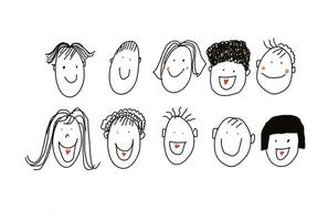 hand dragen bilder söt mänsklig tecknade serier, mångfald tecken av Lycklig ansikten uttryck. man, kvinna, flicka, pojke, vit bakgrund. begrepp, positiv känslor och känslor. Lycklig ögonblick tillsammans. foto