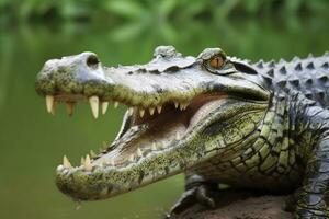 ai genererad krokodil med dess mun bred öppen med en grön sjö i de grön bakgrund. ai genererad foto