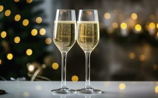 ai genererad glasögon med champagne på de bakgrund av jul dekorationer. ai genererad foto