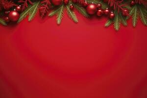 ai genererad jul eller ny år röd bakgrund med gran dekor. ai genererad foto