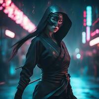 ai genererad en geisha ninja med en svart mask och morgonrock foto