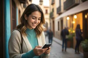 ai genererad skön kvinna är njuter de spänning av använder sig av en mobiltelefon foto