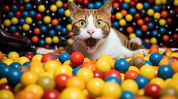 ai genererad en katt gäspar i en boll grop fylld med färgrik bollar, ai foto