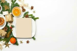 ai genererad en vit tallrik toppade med orange skivor Nästa till jul dekorationer, ai foto