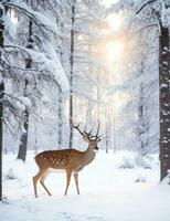 ai genererad skön röd rådjur sven i snö täckt vinter- skog landskap foto