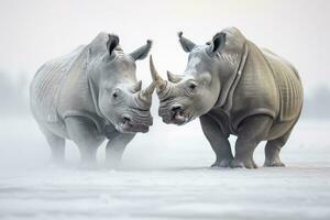 ai genererad två noshörning få redo för bekämpa på is. ai genererad foto