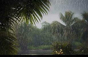 ai genererad regn i de tropikerna under de låg säsong eller monsun säsong. regndroppar i en trädgård. generativ ai foto