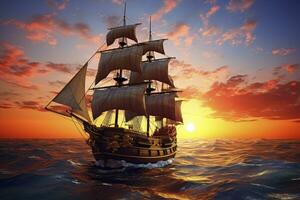 ai genererad pirat fartyg segling på de hav på solnedgång. årgång kryssning. ai genererad foto