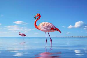 ai genererad rosa flamingo i de vatten. ai genererad foto