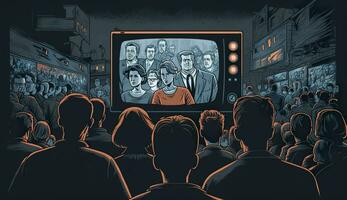 ai genererad människor folkmassan tittar på tv. TV missbruk, propaganda och falsk Nyheter begrepp. generativ ai foto