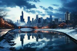 ai genererad vinter- chicago stad horisont, urban vinter- sagoland, snötäckt träd i stad parker foto