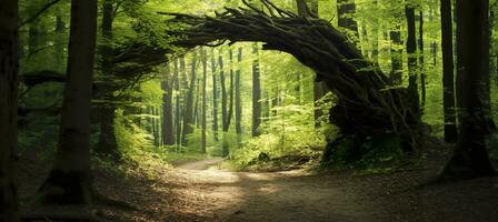 ai genererad naturlig archway formad förbi grenar i de skog. ai genererad foto