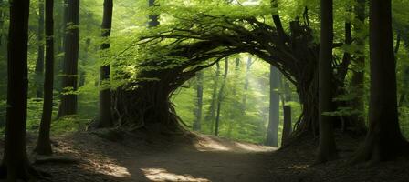 ai genererad naturlig archway formad förbi grenar i de skog. ai genererad foto