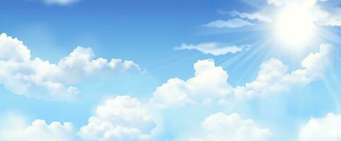 ai genererad solig bakgrund, blå himmel med vit moln och Sol. generativ ai foto