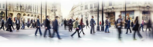 ai genererad gående människor fläck. massor av människor promenad i de stad av london. bred panorama- se av människor korsning de väg. ai genererad foto