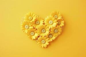ai genererad gul hjärta formad förbi gul daisy över gul bakgrund. ai genererad foto