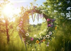 ai genererad rustik vild krans på en solig äng. sommar solstånd dag, midsommar begrepp. generativ ai foto