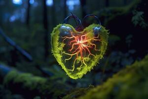 ai genererad lysande bioluminescerande växt formad tycka om en mänsklig hjärta, i en mystisk skog. generativ ai foto