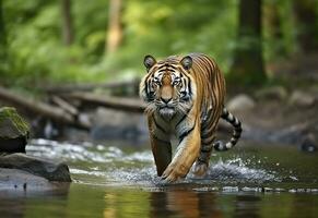 ai genererad amur tiger gående i de vatten. farlig djur. djur- i en grön skog ström. generativ ai foto