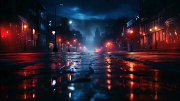 ai genererad en se av en lynnig lampor gata i de stad på natt med dimma. foto