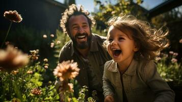 ai genererad i en blomning trädgård, de far spelar hans dotter glatt. generativ ai foto