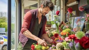 ai genererad ung man uppköp bukett från blomsterhandlare för någon särskild. generativ ai foto