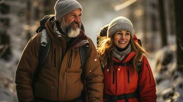 ai genererad äldre par tar en vinter- promenad i en tyst snöig skog. generativ ai foto
