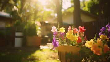 ai genererad magnifik se av blommor i de trädgård under de morgon- Sol. generativ ai foto