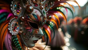 ai genererad närbild maskerad artister på en leva karneval ceremoni. generativ ai foto