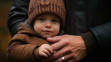 ai genererad närbild se av en fars hand försiktigt innehav hans liten söner mycket liten finger. generativ ai foto