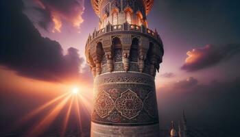 ai genererad bild som visar invecklad detaljer av en moskéer minaret upplyst förbi de miljö Sol. generativ ai foto