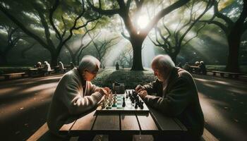 ai genererad gammal människor spelar schack i de parkera. generativ ai foto