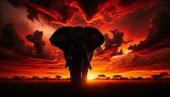 ai genererad de silhuett av ett elefant stående lång mot de afrikansk solnedgång. generativ ai foto
