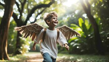 ai genererad fantasifull och äventyrlig barn i en solig trädgård, bär provisorisk vingar tillverkad av kartong och fjädrar. generativ ai foto