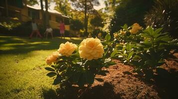 ai genererad magnifik se av blommor i de trädgård under de morgon- Sol. generativ ai foto