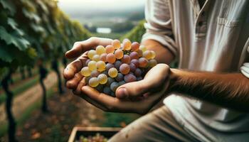 ai genererad en vinmakare granskning frukt i förberedelse för de skörda säsong. generativ ai foto