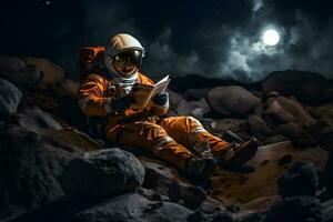 ai genererad söt spaceman eller astronaut Sammanträde på bergstopp och läsning bok. foto