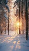 ai genererad en snöig skog Utsmyckad med gnistrande snö, badade i de mild glöd av Sol strålar. foto