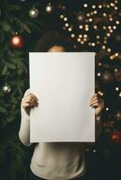 ai genererad delikat händer av en eleganta kvinna delikat innehav en små, tom, vit ark mot de förtjusande bakgrund av en jul träd foto