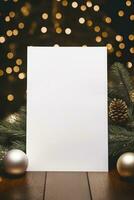ai genererad en små, tom, vit ark mot de förtjusande bakgrund av en jul träd foto