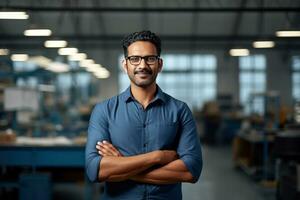 ai genererad en ung indisk manlig designer, ingenjör, arkitekt vem är bär glasögon och en blå skjorta leende stående i de kontor och ser på de kamera foto