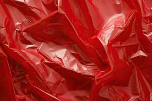 röd plast slå in täcka över bakgrund. skrynkliga och draperad texturerad cellofan material foto