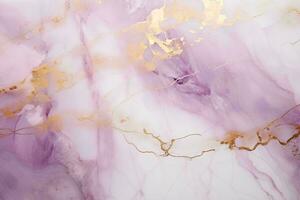 ai genererad abstrakt bakgrund av lila, guld och vit marmor flytande mönster med gyllene ränder foto