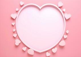 ai genererad valentines dag bakgrund med rosa hjärtan och hjärta ram. 3d tolkning kärlek foto