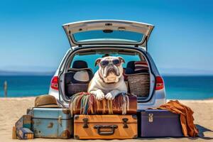 ai genererad bil trunk med söt hund och bagage hund resa begrepp generativ ai foto