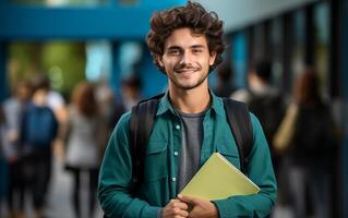 ai genererad studerande leende med skola väska och anteckningsbok foto