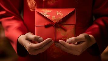 ai genererad kinesisk ny år firande med röd kuvert och familj traditioner foto