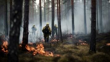 ai genererad brandmän stridande en skog brand foto
