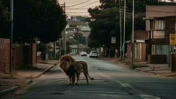 ai genererad en manlig lejon vandrar genom ett afrikansk stad foto