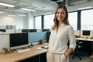 ai genererad leende Söt ung kvinna stående i ljus modern kontor. generativ ai foto
